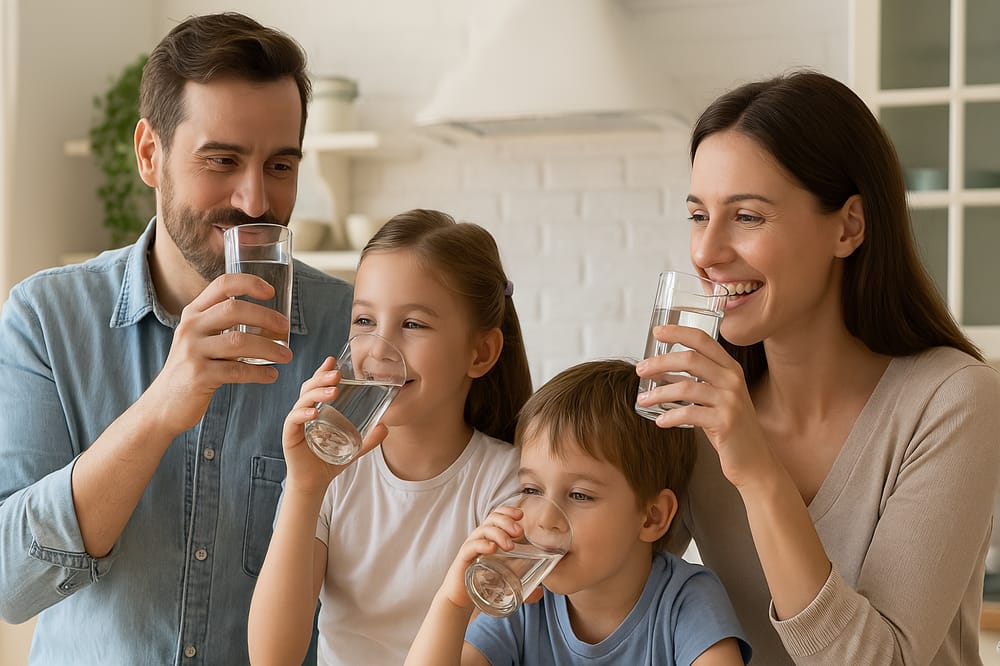 Family enjoying clean water system installation, stock photo portrait