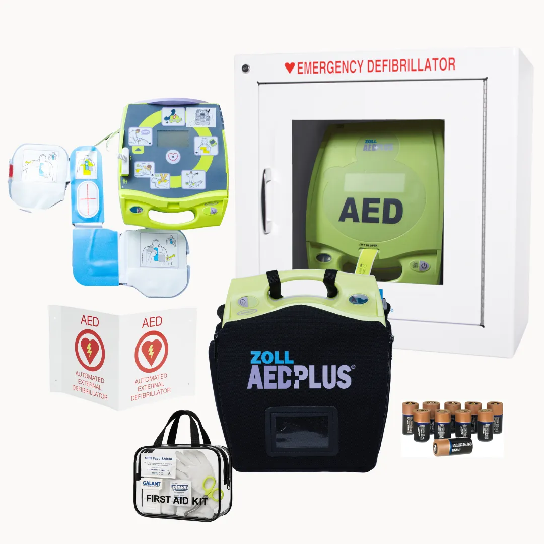 Zoll AED Pus bundle with AED, batteries, pads, wall sign and wall cabinet