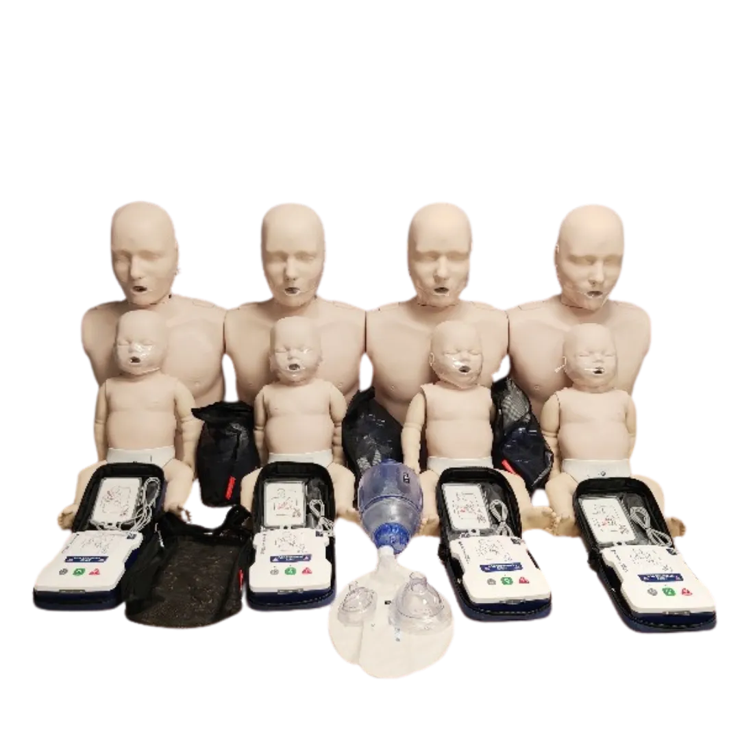 4 AED Adult mankins in the back row. In teh middle row are infant manikins. 4 AED simulators, ambu bags.