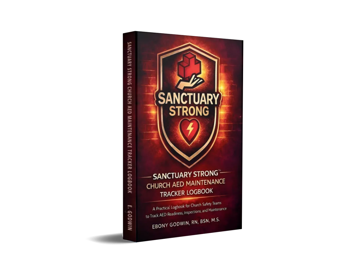 Front cover of the Sanctuary Strong AED Maintenance Tracker Logbook, a printed tool for church emergency readiness
