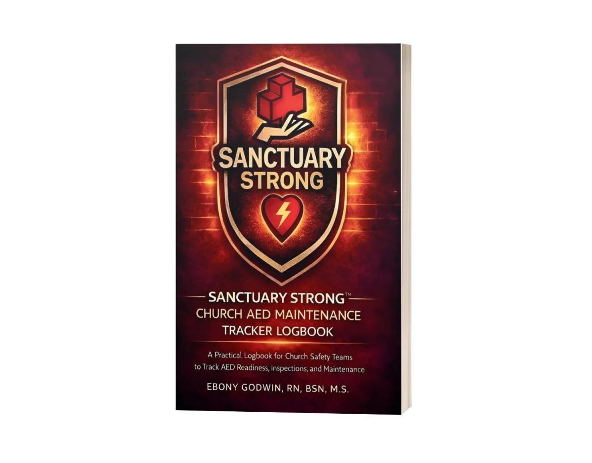Front cover of the Sanctuary Strong AED Maintenance Tracker Logbook, a printed tool for church emergency readiness