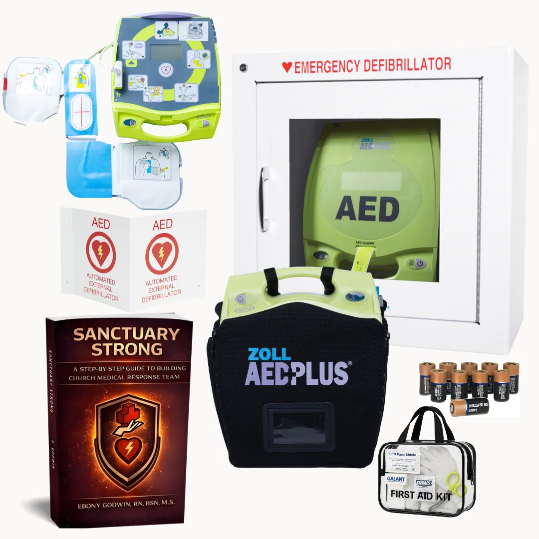 Sanctuary Strong book, Zoll AED Pus bundle with AED, batteries, pads, wall sign and wall cabinetuary