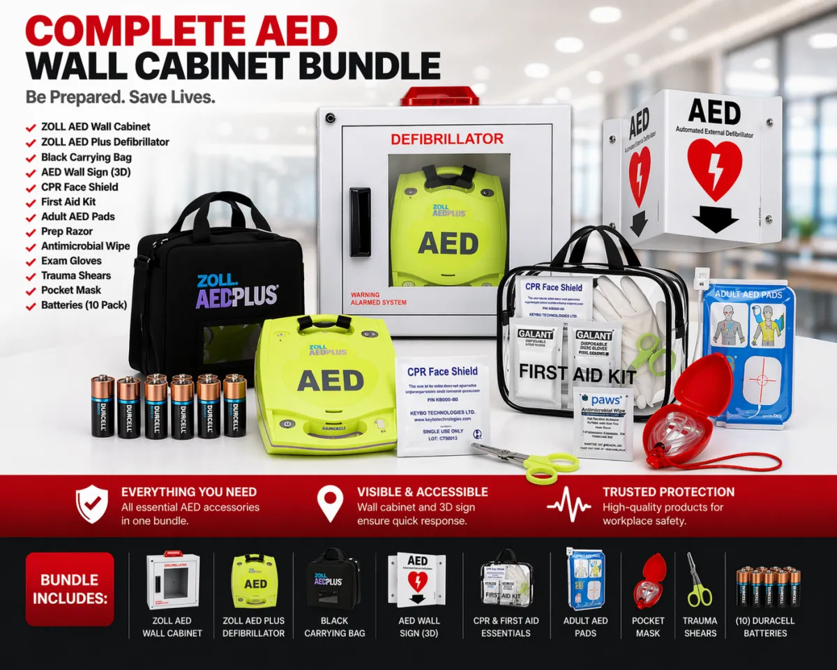 Zoll AED Pus bundle with AED, batteries, pads, wall sign and wall cabinet