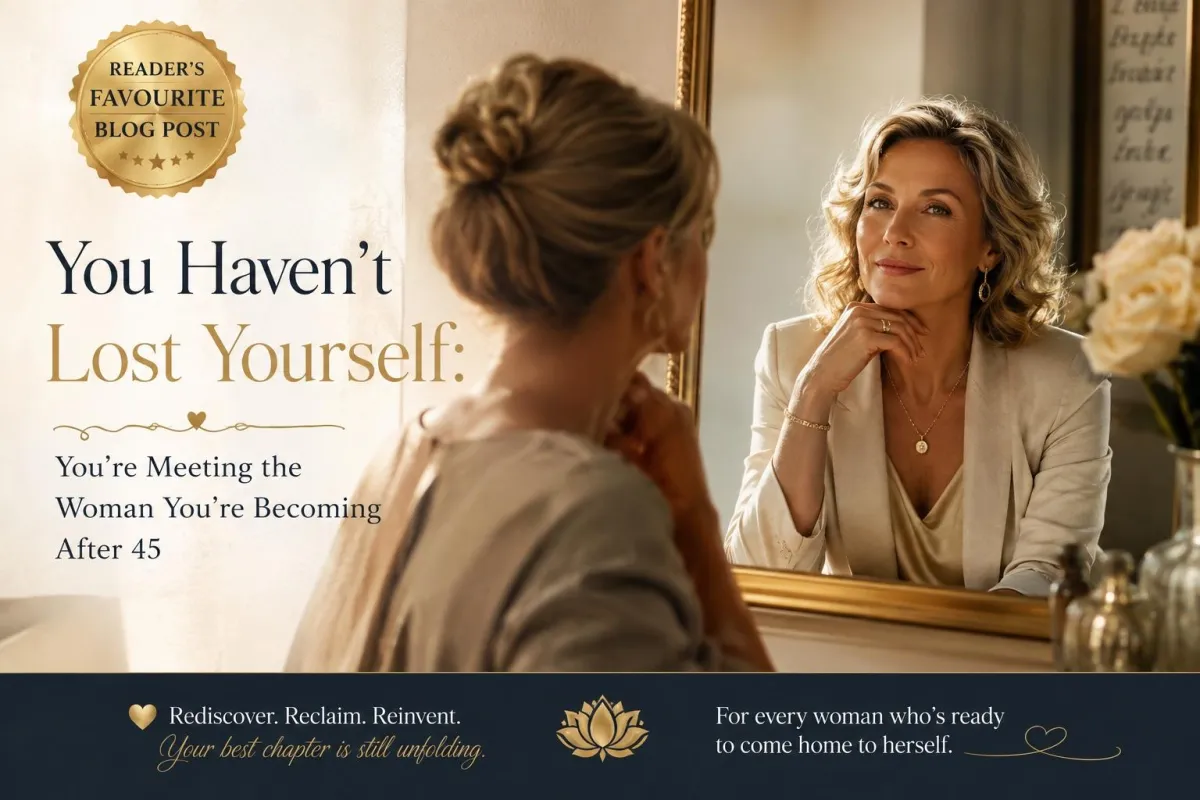 Woman over 45 looking confidently at her reflection in a mirror