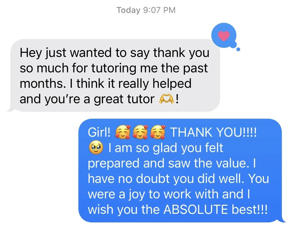 Testimonial 1 features a text from a student, stating that April is a great tutor and leaving heart shaped hands icon with thanks.