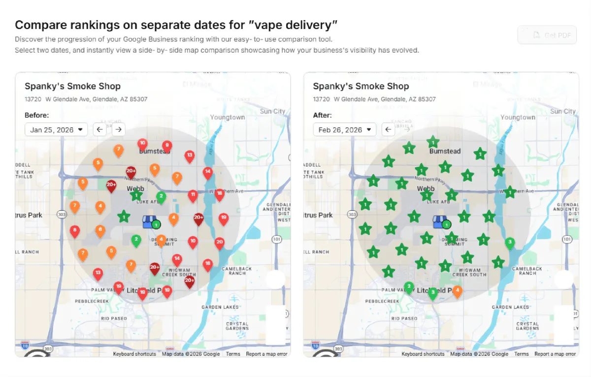 Before-and-after Local SEO heatmap of a smoke shop in Peoria & Glendale, Arizona | The Apex Growth