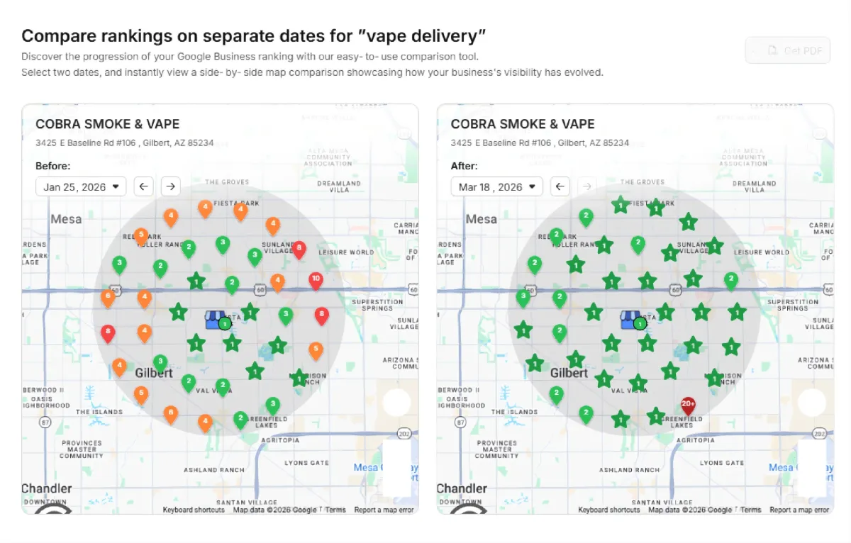 Before-and-after Local SEO heatmap of a smoke shop in Gilbert, Arizona | The Apex Growth