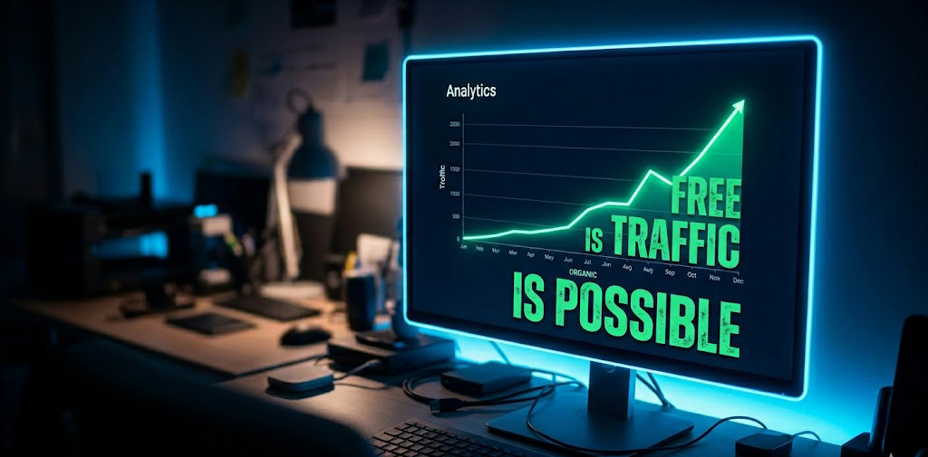 A glowing green website traffic chart curving upward on a screen in a dark home office.