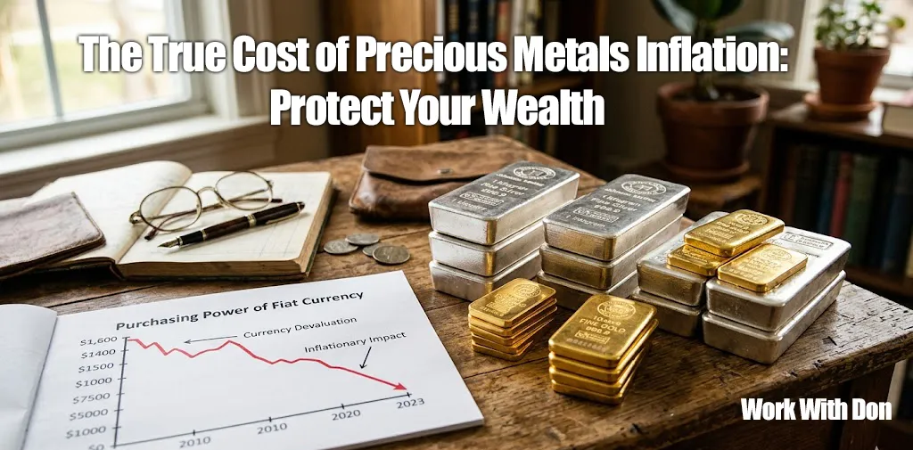 A close-up of a rustic wooden desk with stacks of physical silver and gold bars next to a financial chart showing declining purchasing power.
