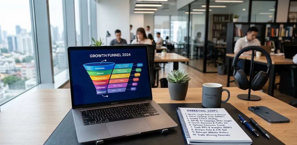 A professional modern office desk with an open laptop displaying a vibrant growth funnel graphic and a physical notebook listing marketing steps.
