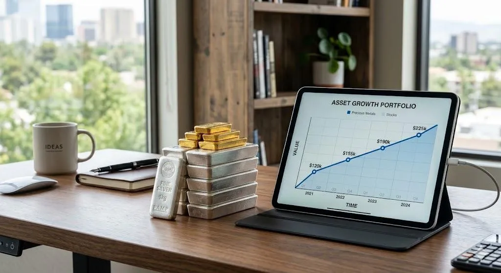 A neat desk with a modern tablet displaying a steady upward trend line next to a physical stack of gold and silver bars.