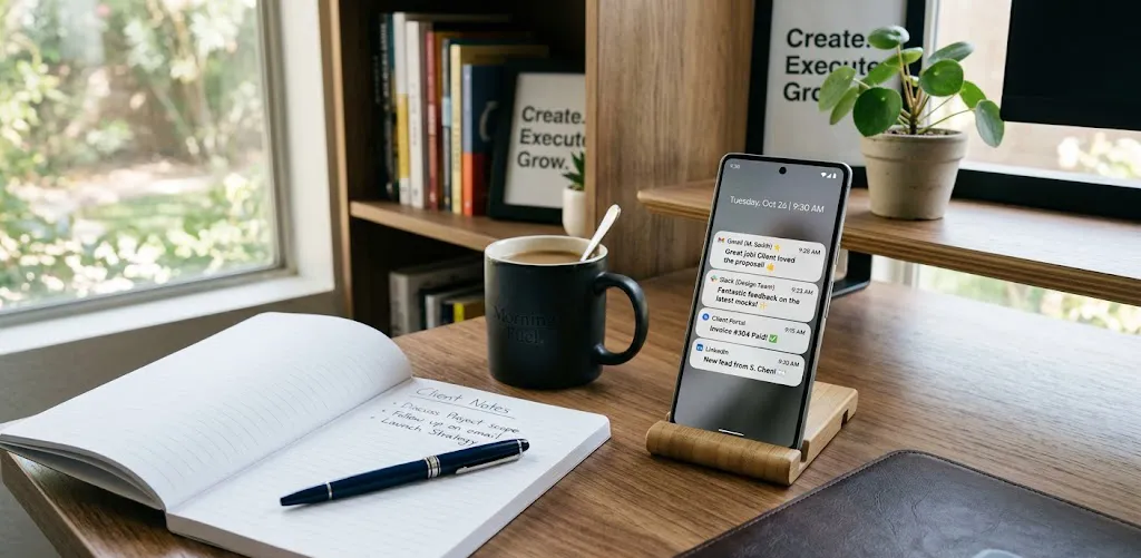 A neat, professional home office desk illuminated by crisp morning light, featuring a modern smartphone displaying positive client notification alerts next to a clean notepad.