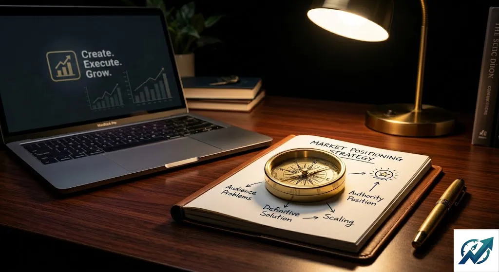 A golden compass resting on a notebook next to a laptop on a dark wooden desk.