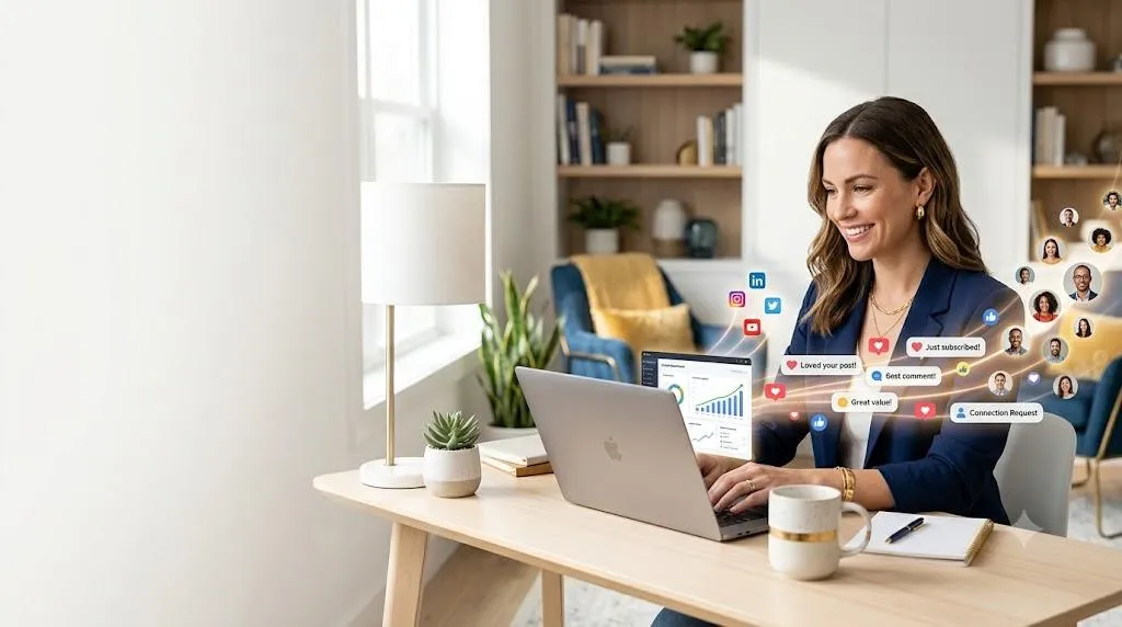 a confident entrepreneur working on a laptop in a bright, stylish home office while valuable content naturally attracts an engaged online audience.