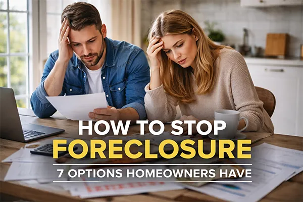 Couple at the table going over options to stop foreclosure