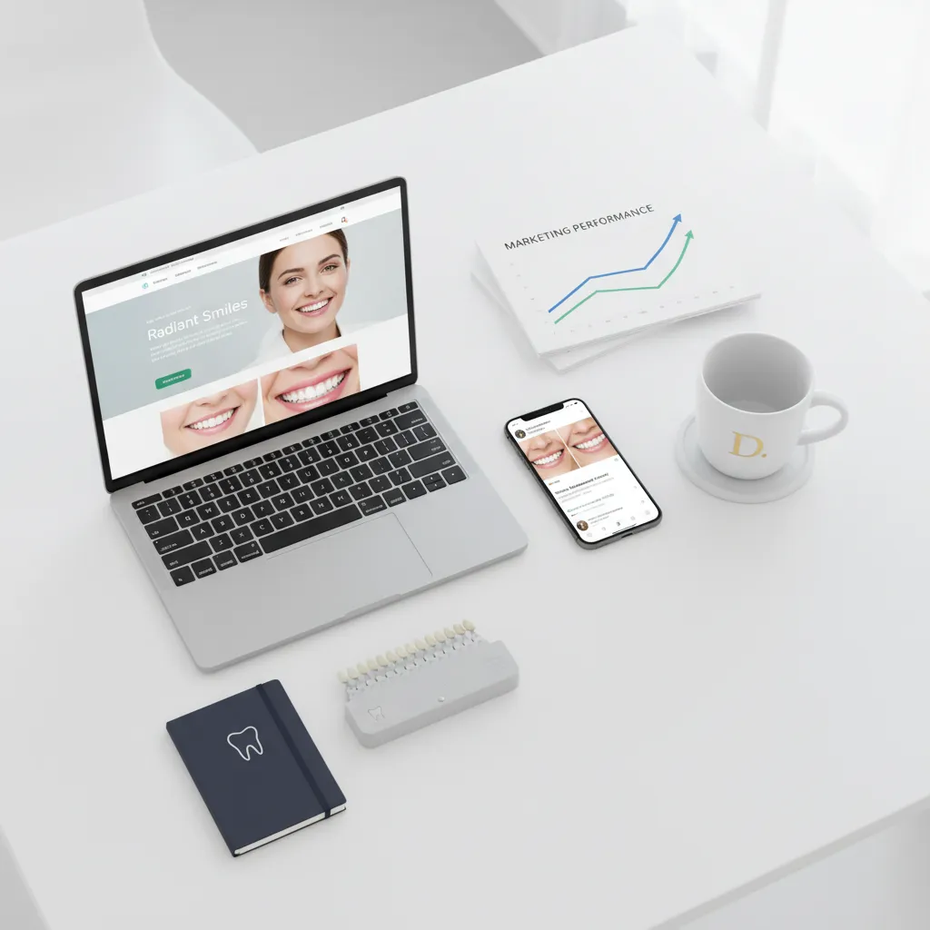 Flat-lay of a laptop with a cosmetic dentistry website, smartphone showing before-and-after smile photos, marketing charts, and dental branding items on a bright white desk, representing cosmetic dental marketing.