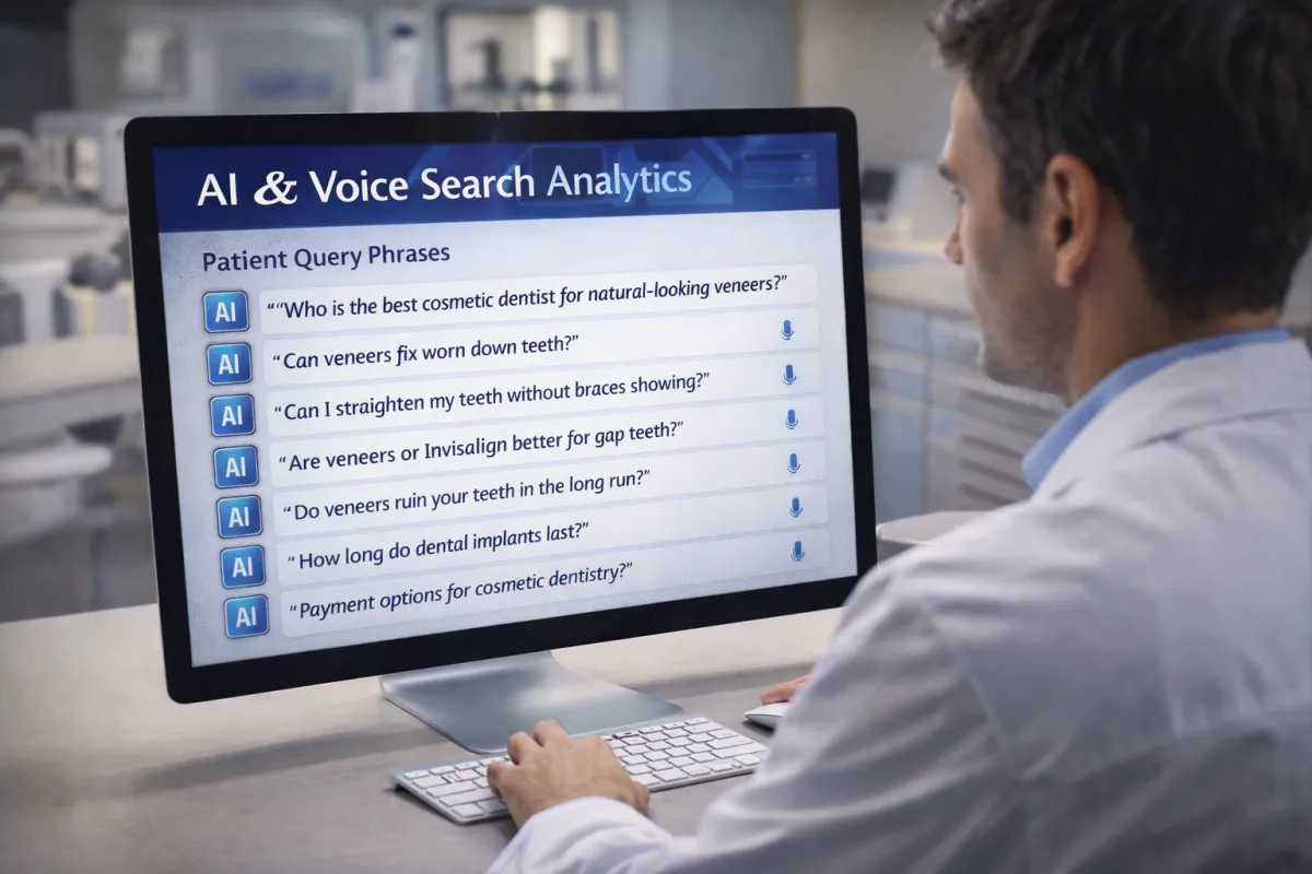 Cosmetic dentist at a computer reviewing AI and voice search analytics showing patient query phrases on the screen.