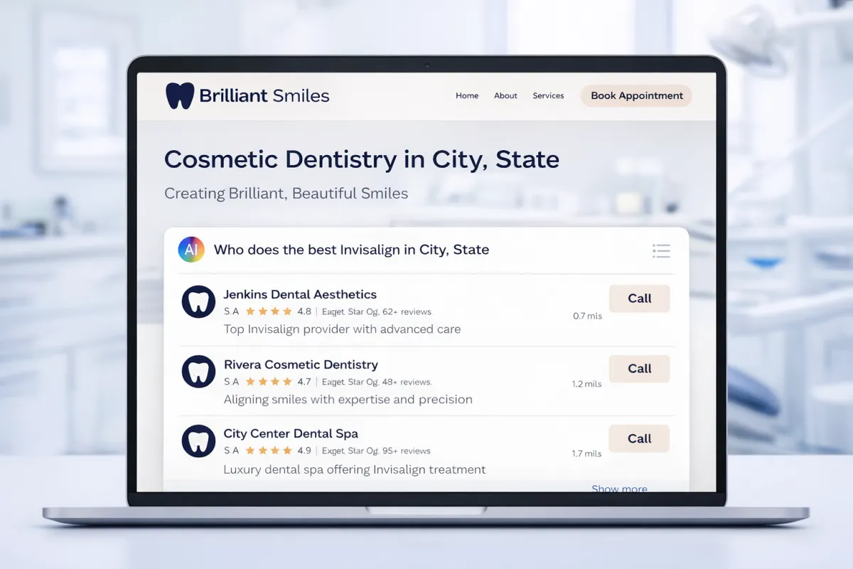 Cosmetic dentist practice website displayed on a laptop with AI search interface showing local recommendations