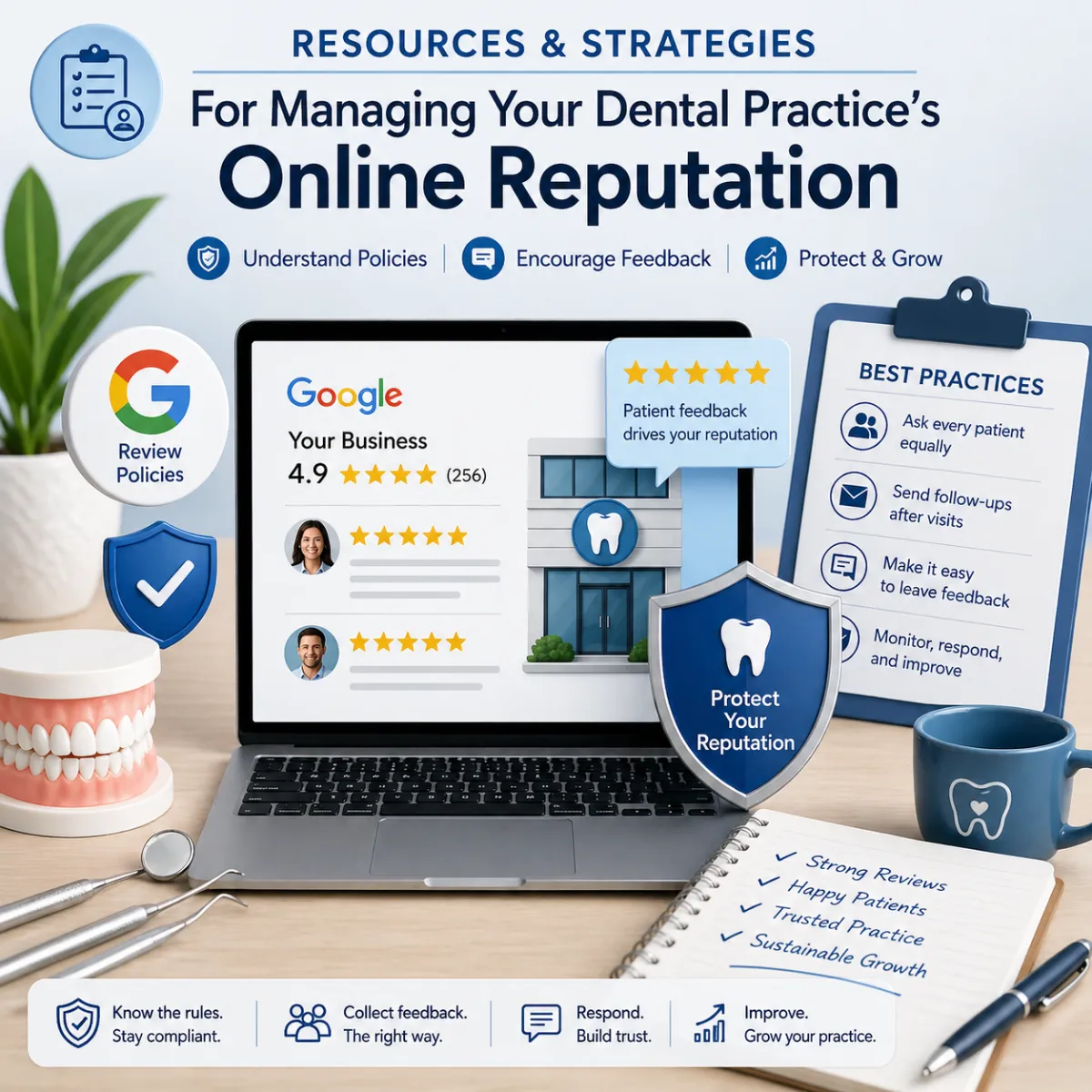 Square promotional graphic illustrating dental practice online reputation management. A laptop at center displays a Google business review profile with a 4.9-star rating, surrounded by dental tools, a review policy badge, shield icons, and a clipboard labeled “Best Practices” with steps like asking every patient equally, sending follow-ups after visits, and monitoring feedback. Large headline reads: “Resources & Strategies for Managing Your Dental Practice’s Online Reputation,” with supporting themes of understanding policies, encouraging feedback, and protecting and growing the practice’s reputation.