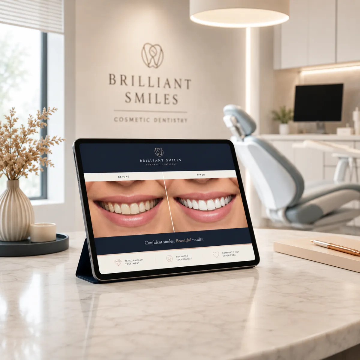Cosmetic dental before and after smile transformation displayed on a tablet in a modern dental consultation room