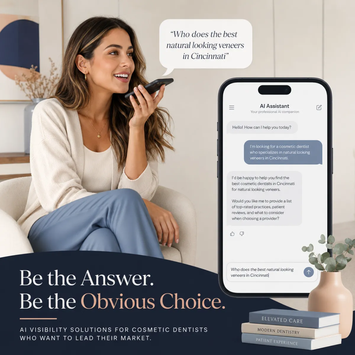 Cosmetic dental patient using a smartphone voice assistant to search for a cosmetic dentist in their city