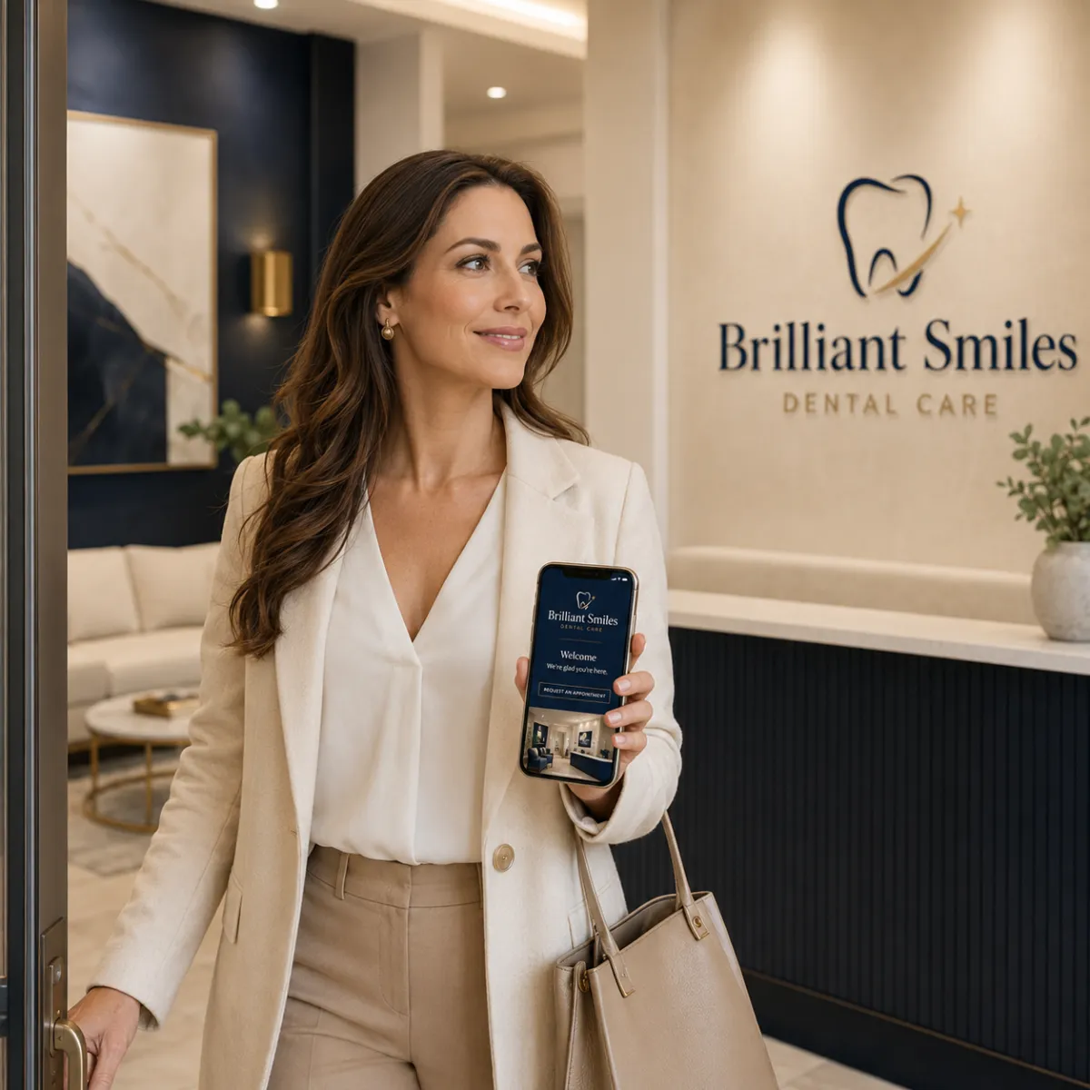 Affluent patient walking into a calm, premium cosmetic dental office waiting room