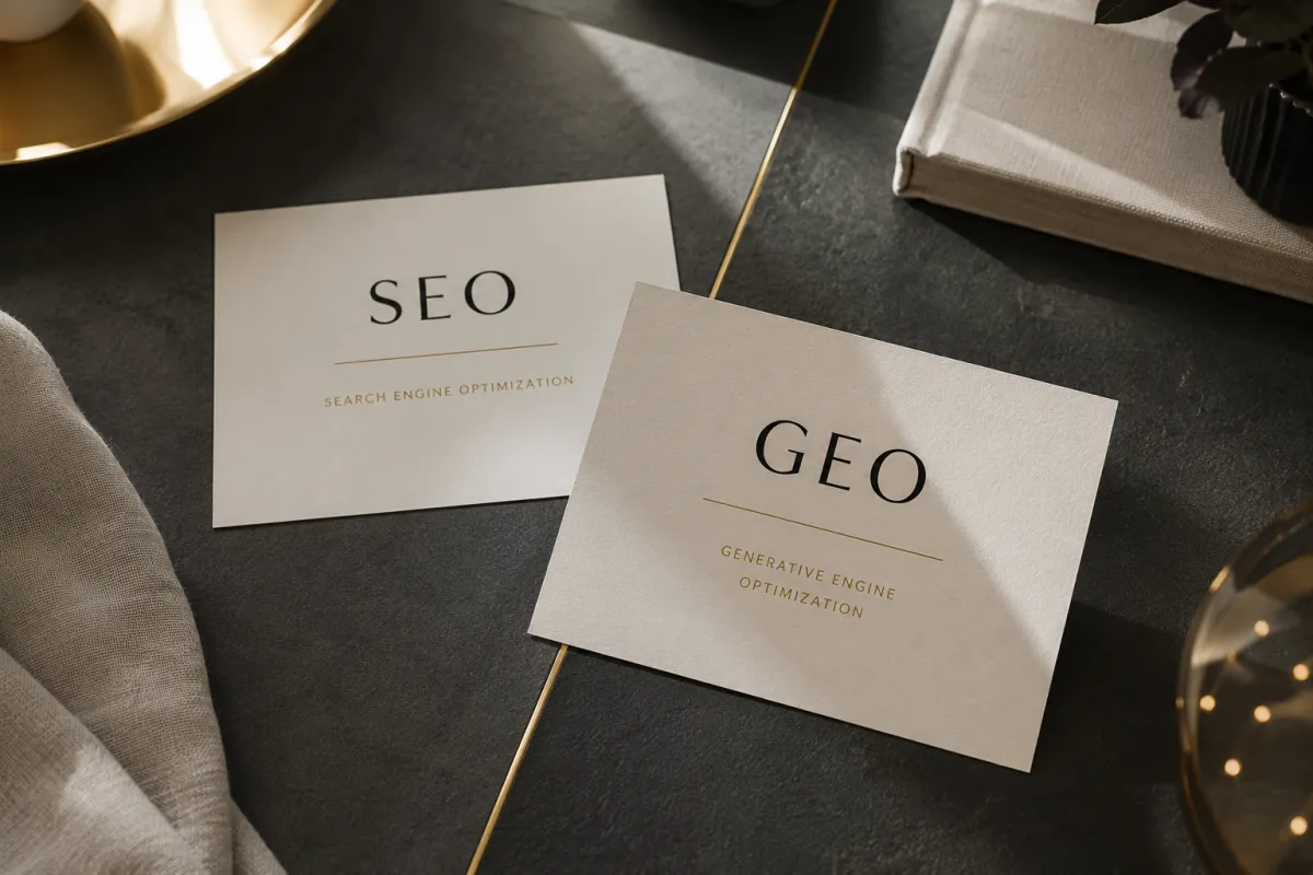 SEO vs. GEO comparison featuring premium editorial cards labeled SEO and Generative Engine Optimization (GEO), illustrating how businesses can improve visibility in both traditional search engines and AI-powered search platforms.