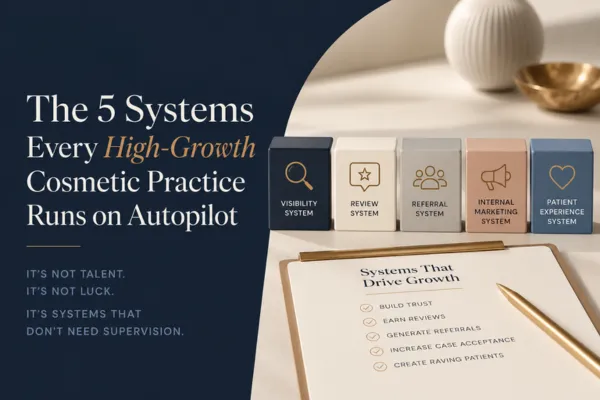 Illustration of the five core systems that drive growth in a cosmetic dental practice: visibility, patient reviews, referrals, internal marketing, and patient experience, arranged beside a strategic planning clipboard to represent practice systems running on autopilot.
