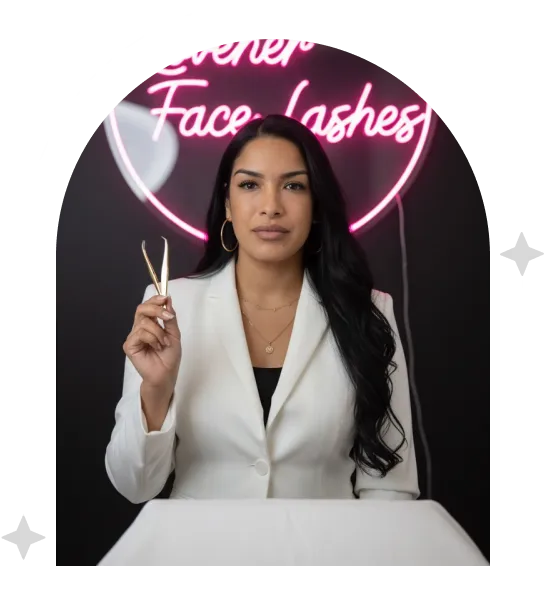 Hands applying eyelash extensions during Saby’s lash training