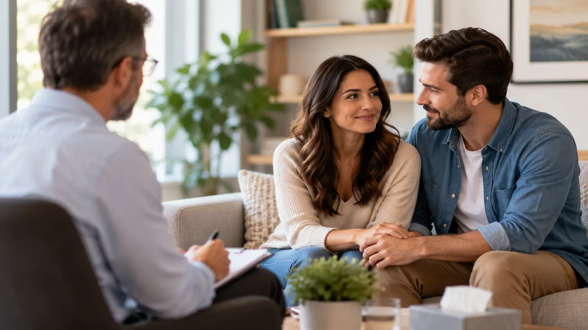 Couple engaged in relationship counseling session with therapist in a cozy living room