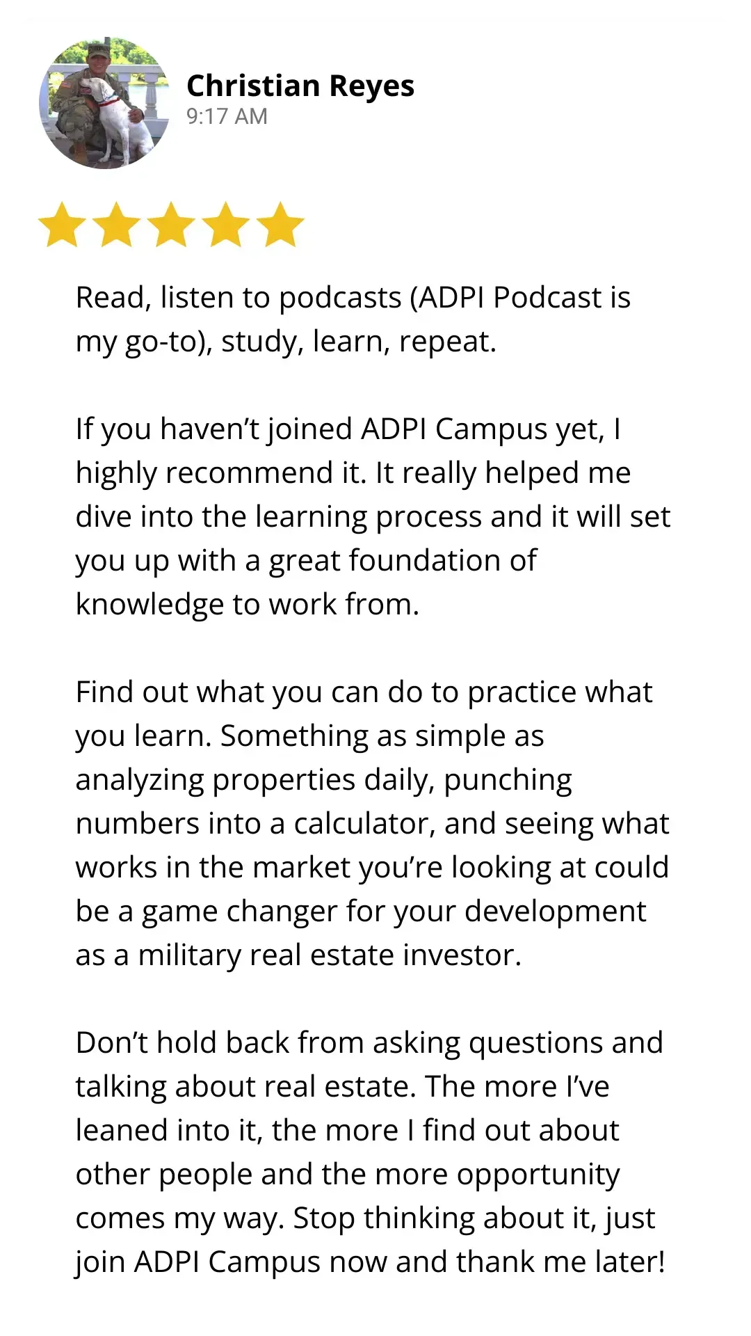 Five star review on ADPI Campus and the ADPI Podcast