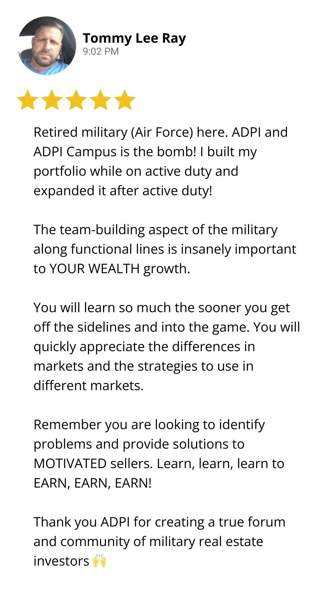 Five star review on ADPI Campus and building wealth