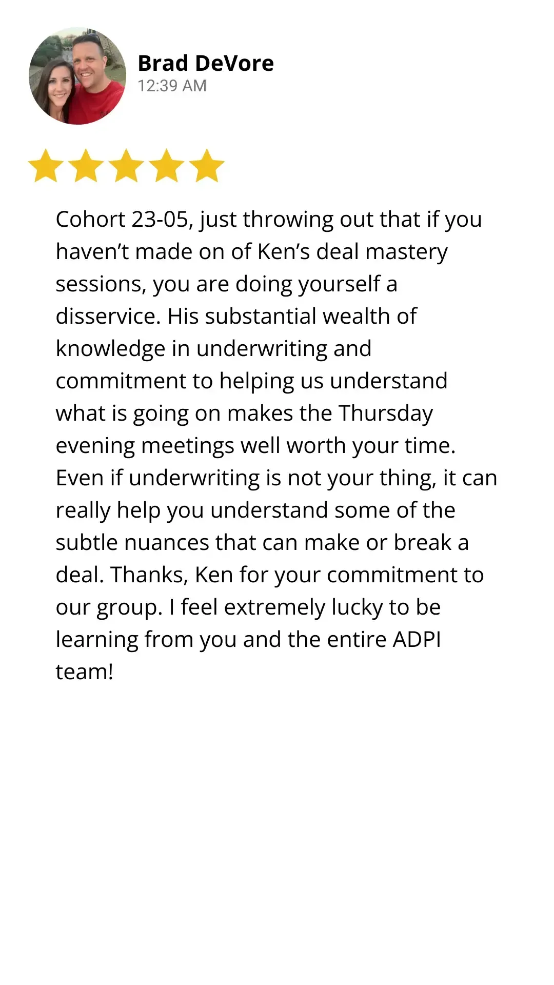 Five star review on Ken's mastery session through ADPI Campus