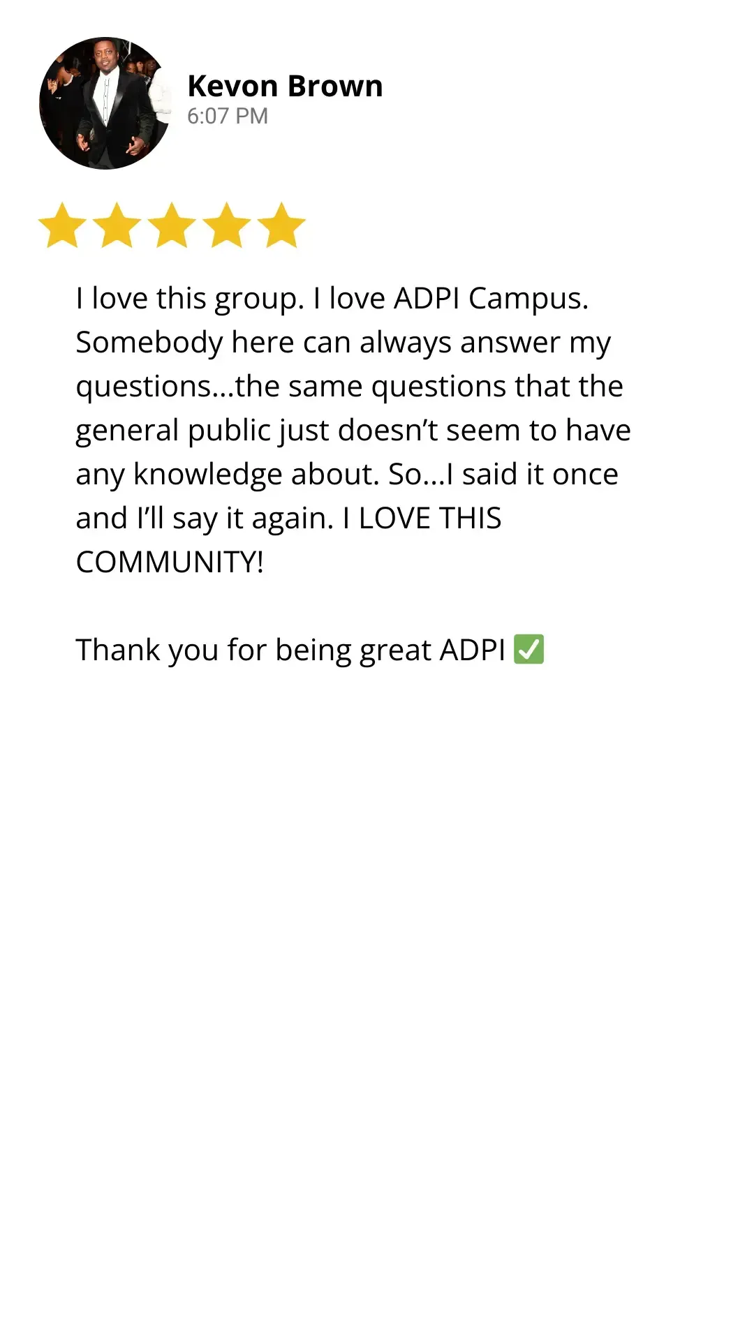 Five star review on ADPI Campus and community