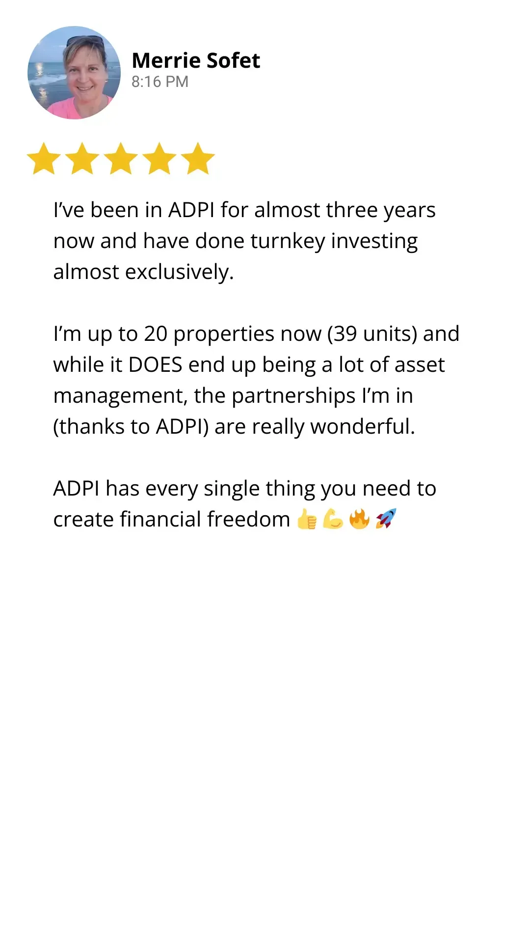 Five star review on ADPI and turnkey investing