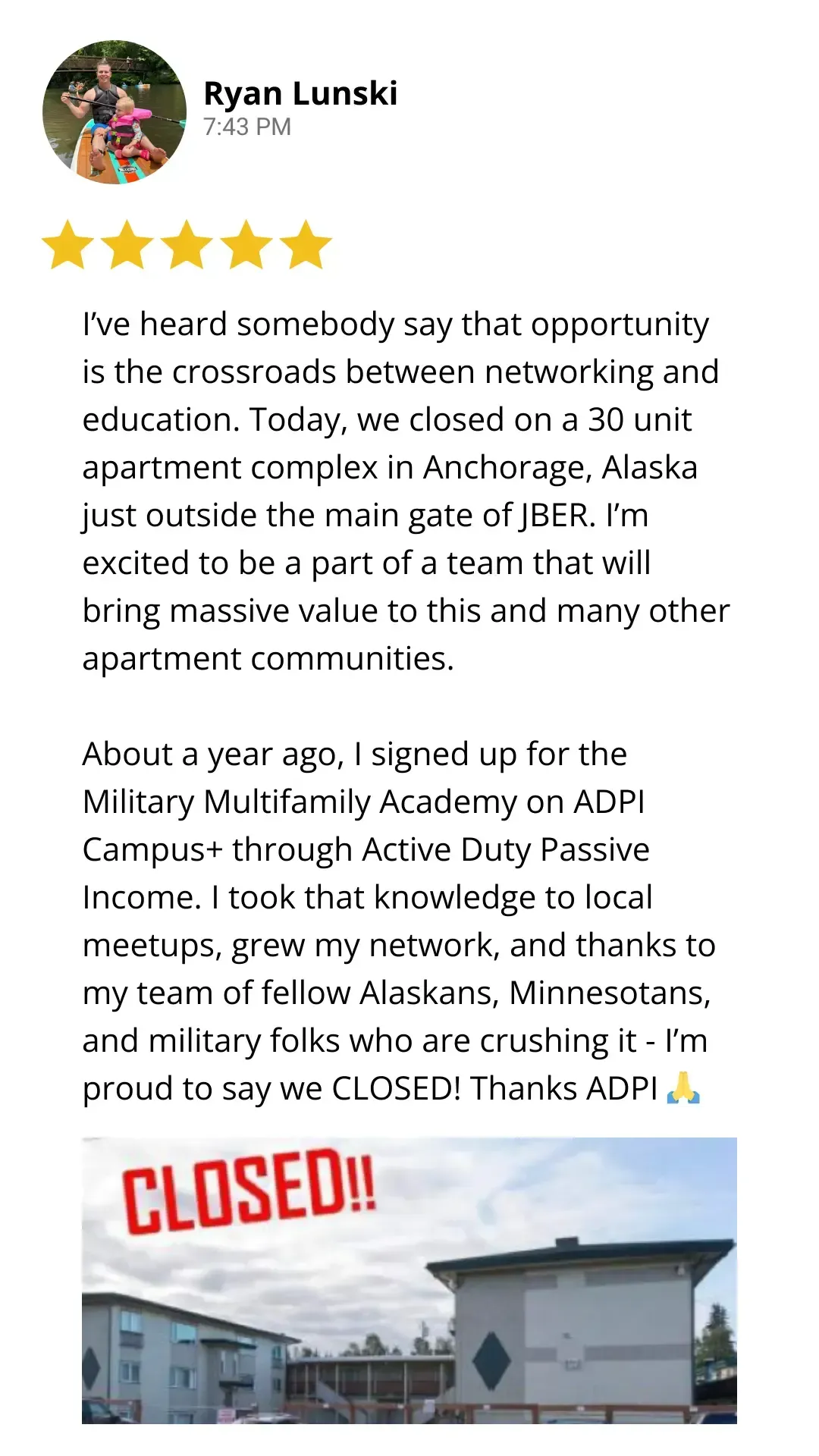 Five star review on the Military Multifamily Academy and ADPI Campus