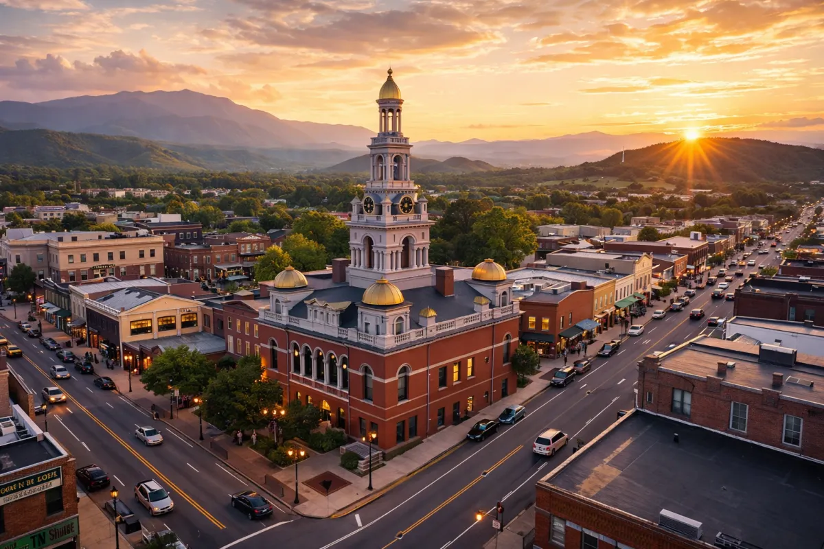 Historic Downtown Sevierville with Smoky Mountains backdrop at sunset