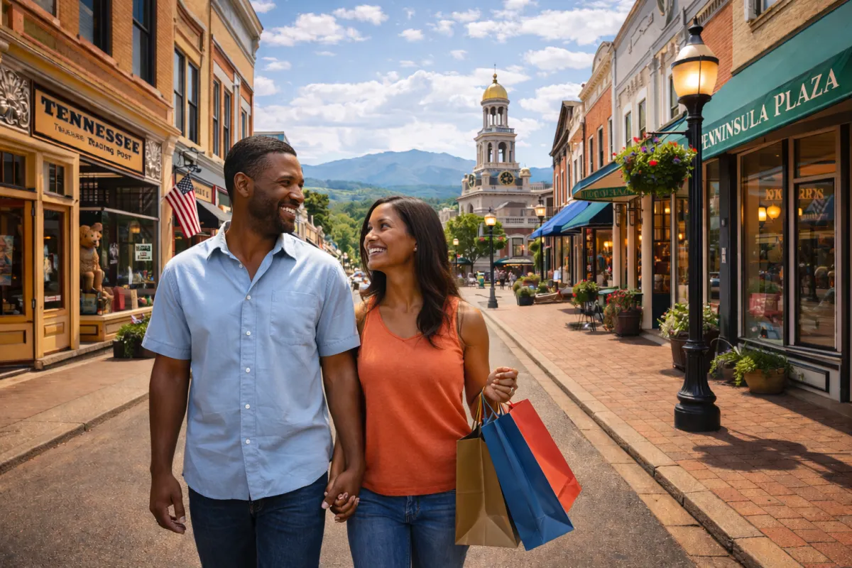 Couple exploring Downtown Sevierville’s historic shopping district