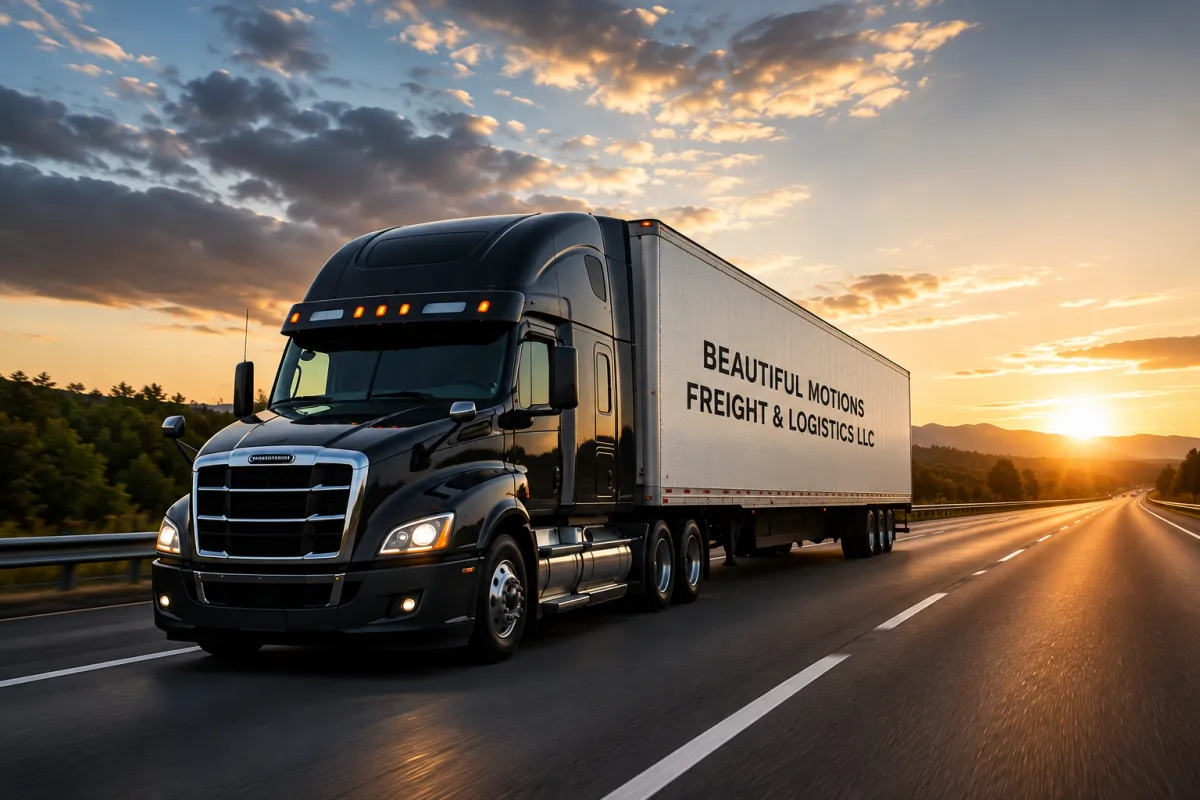 Semi-truck driving at sunset