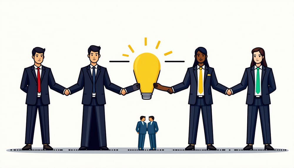 A graphic showing the win-win-win relationship between the partner, the client, and agent Filomeina., flat illustration