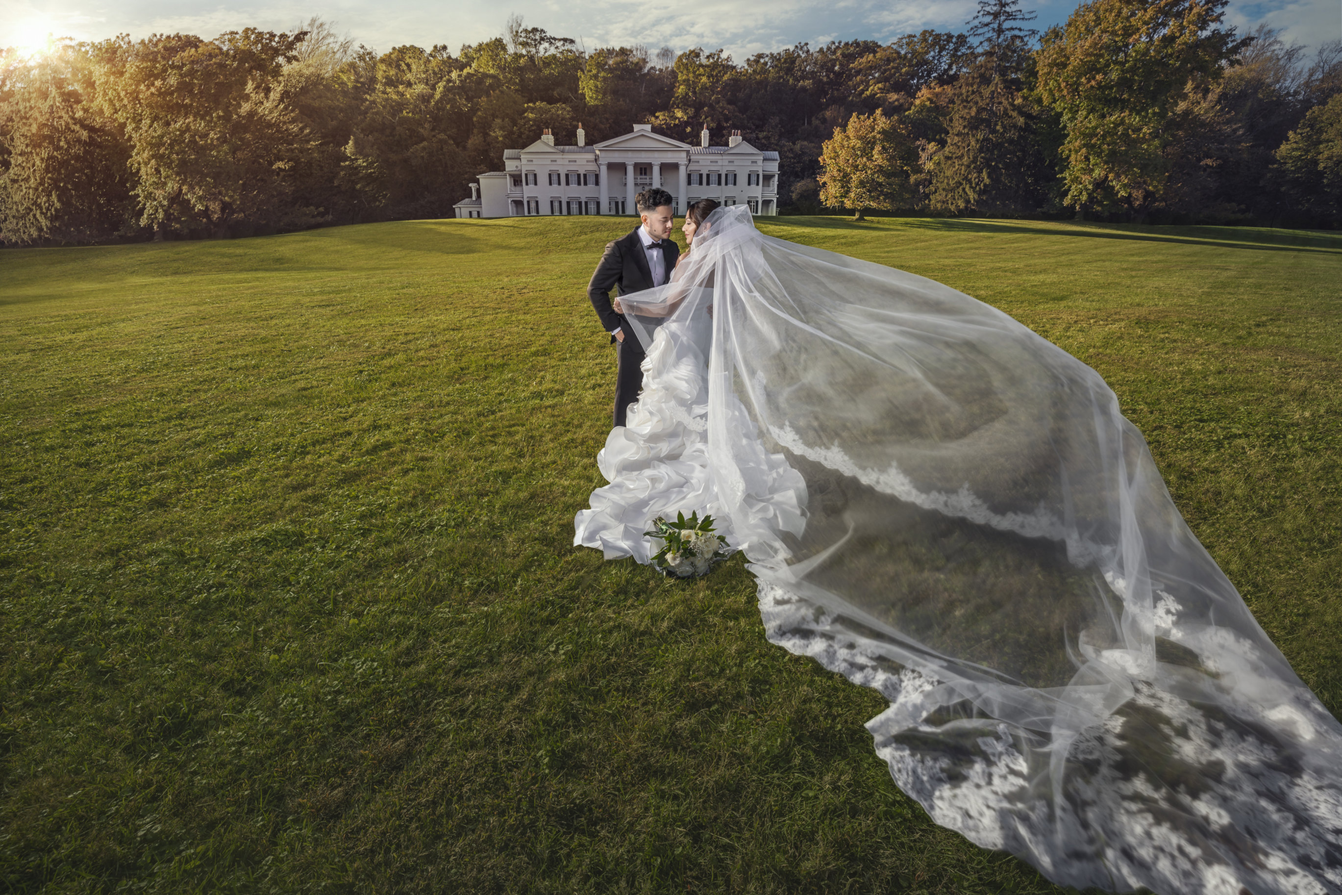 Washington D.C. wedding photography - bride with cathedral length veil on an estate lawn
