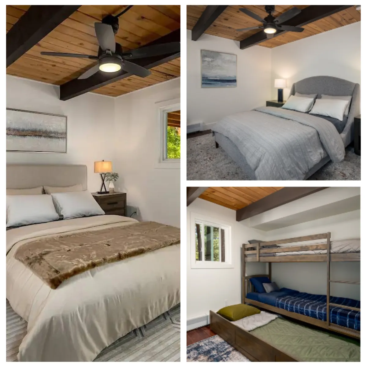 Experience the cozy comfort of the main bedroom, "The Desert Sand Room," at Incline85 Lake Tahoe, featuring a plush queen bed, en-suite bathroom, ample closet space, and convenient touch-controlled bedside lamps with USB ports for device charging.