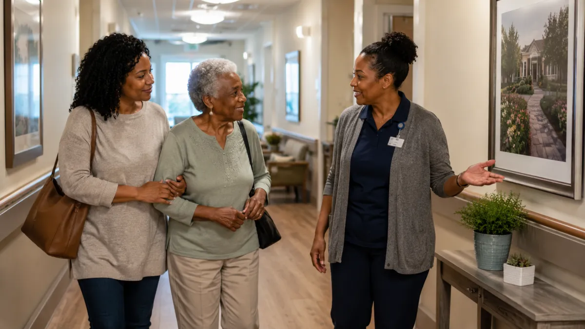 Family touring a memory care community hallway with a staff member in Stockton, California