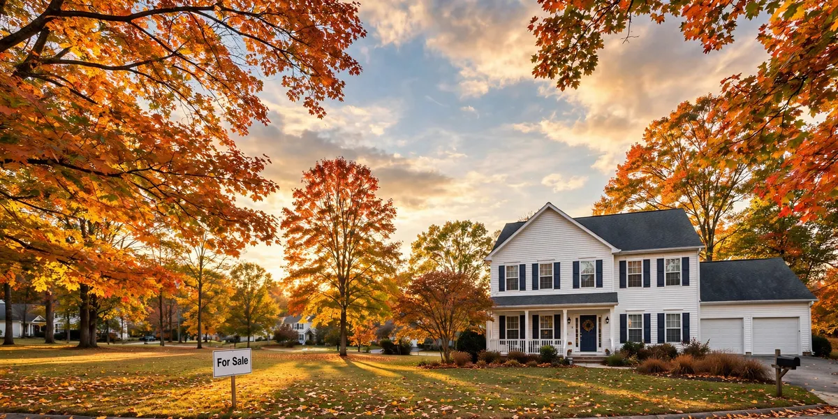 Two-story Triad NC home in autumn with a generic For Sale sign in the front yard