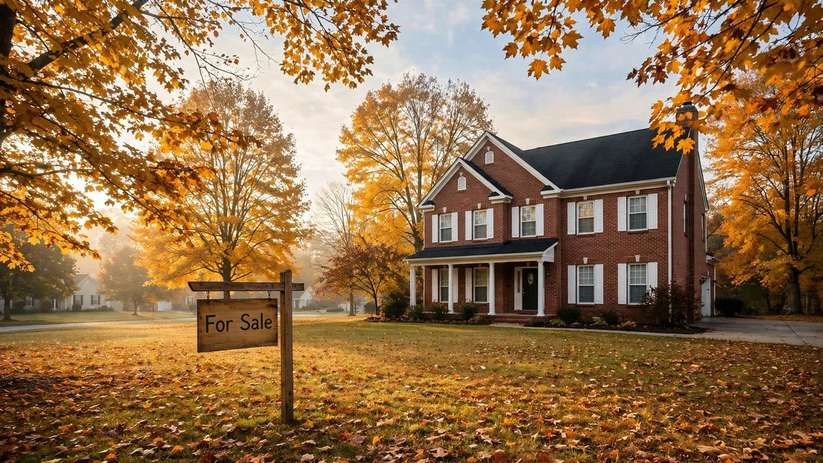 Two-story brick Triad NC home in autumn with a generic For Sale sign in the front yard