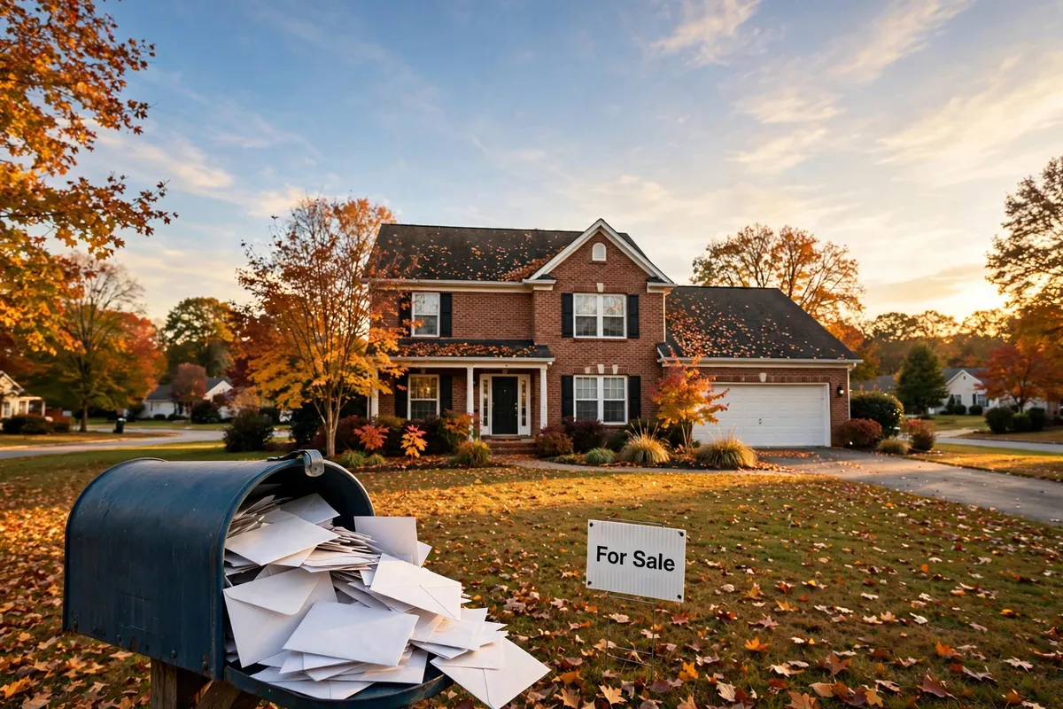 Mailbox overflowing with envelopes in front of a Triad home with a For Sale sign
