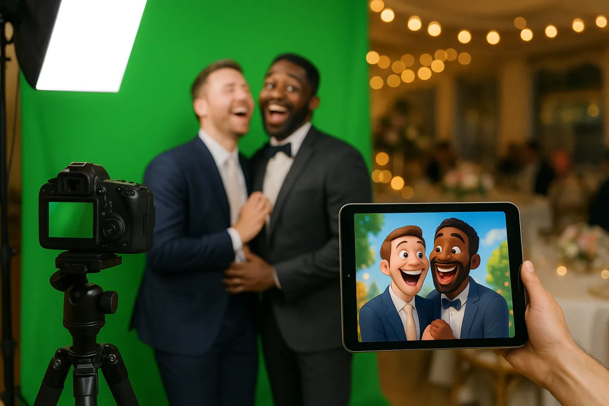 before and after of a wedding shot, turned into cartoon led image 