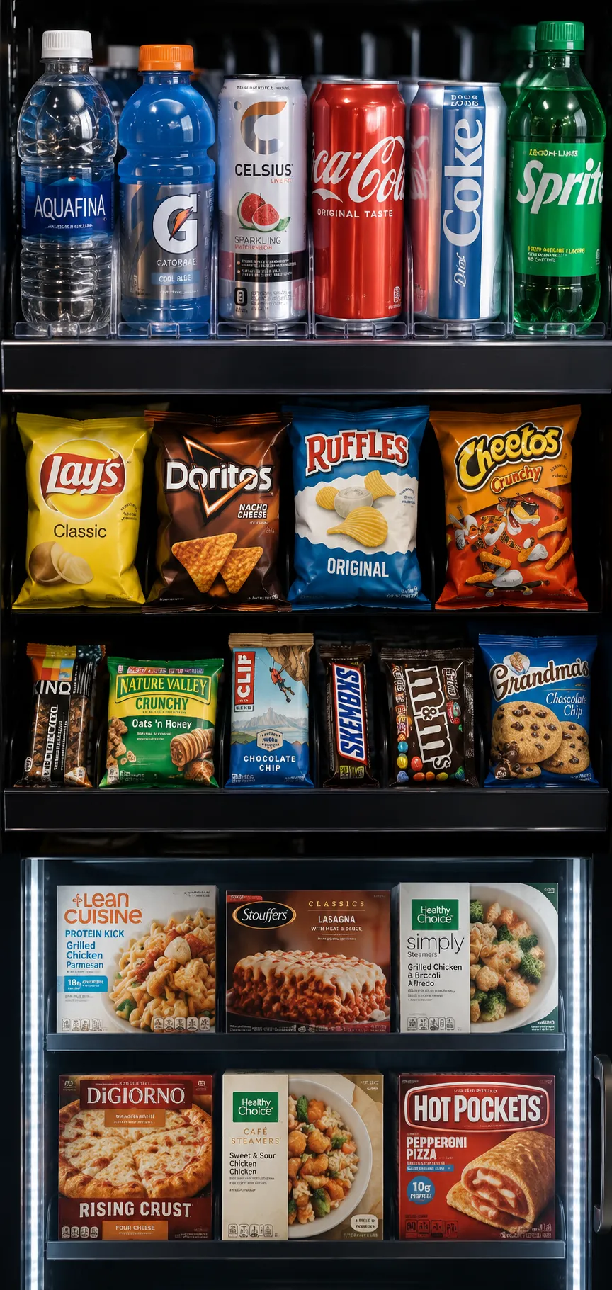 Vending machine overflowing with various treats.