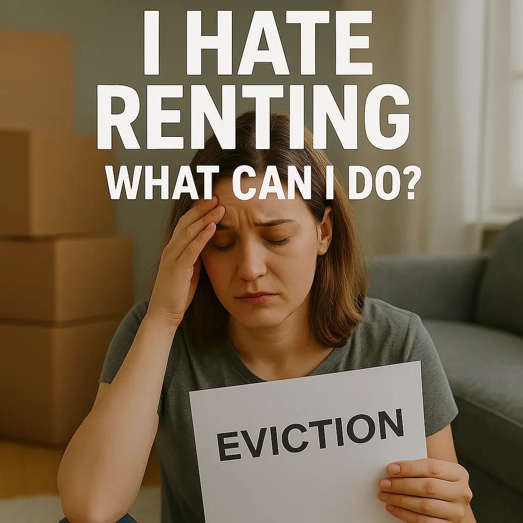 A woman with a worried expression holding an eviction notice, with text that reads 'I HATE RENTING, WHAT CAN I DO?' in bold letters. The background shows moving boxes and a couch.