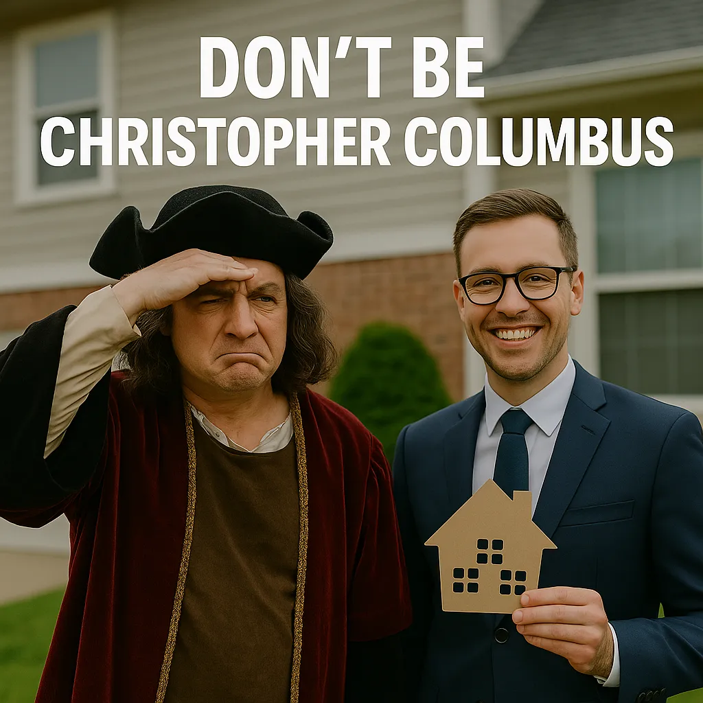A man dressed as Christopher Columbus, saluting, stands next to another man in a suit holding a small paper house. The text 'DON’T BE CHRISTOPHER COLUMBUS' is displayed at the top
